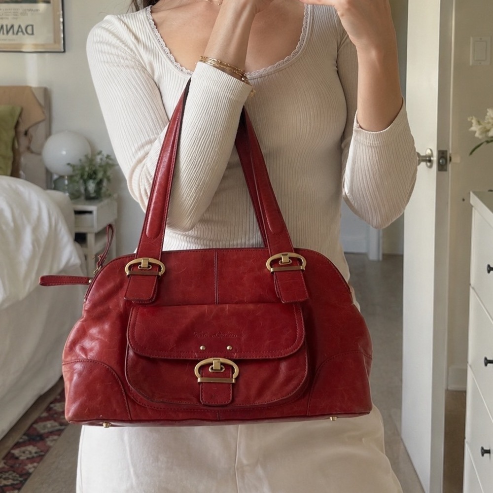 Kate Landry Vintage Y2K Red Leather Shoulder Bag Buckle Pocket Tote Handbag hobo